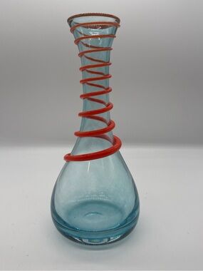 Sabina Rymanow Poland Blue Blown Art Glass 9” Vase Orange Coil Artist Signed
